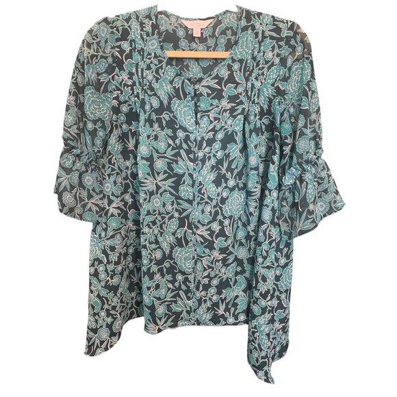 LC Lauren Conrad Size S Pleaded Sheer Floral Sleeve Top Blouse READ - Picture 1 of 5